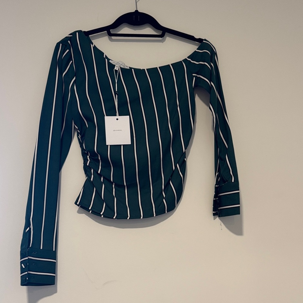 L'Academie Forest Green Striped Blouse